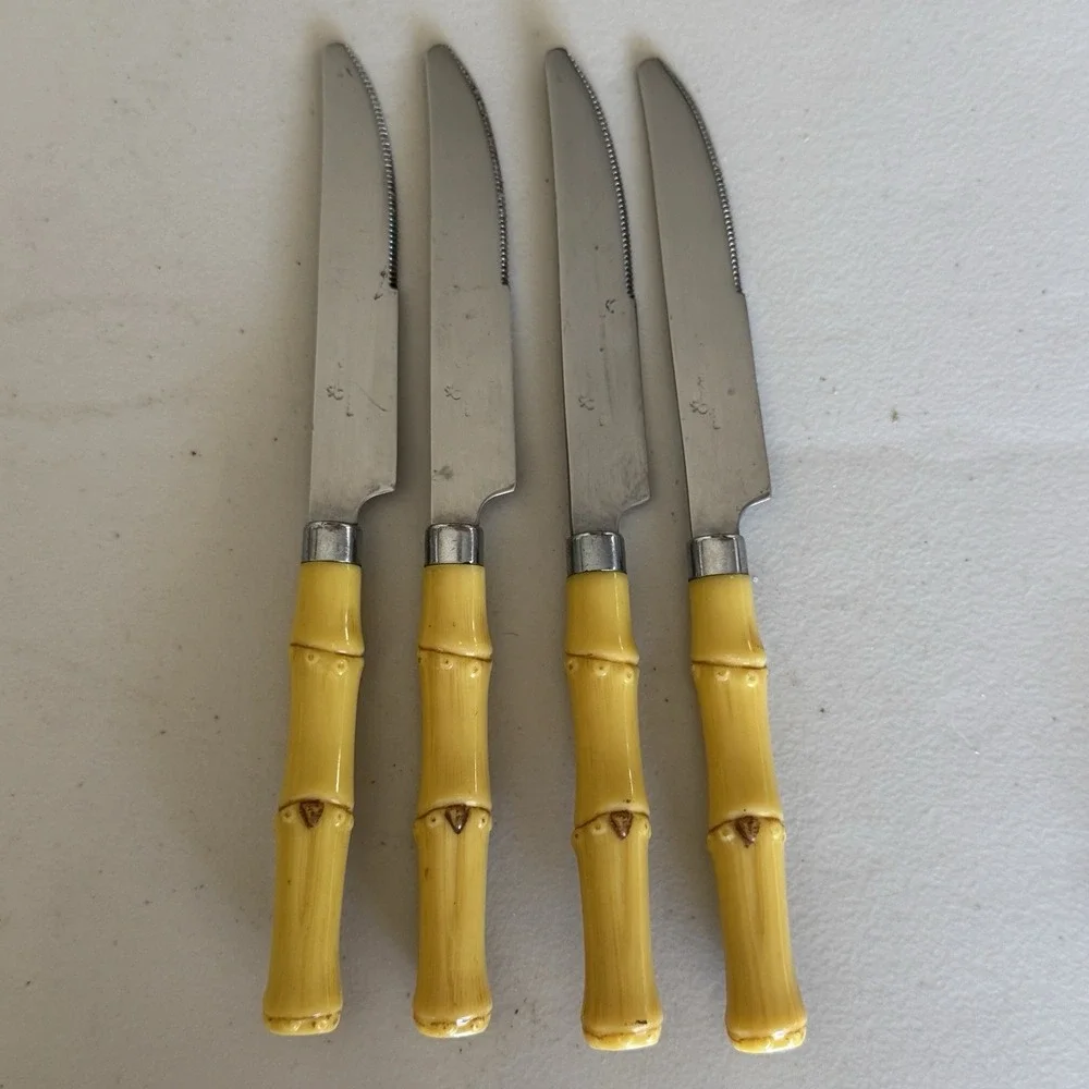 Vintage Gibson Faux Bamboo Handle Tropical Stainless Steel Set Of 4 Knives 9”